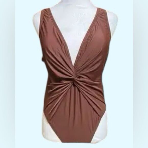 Shade & Shore ~ NEW Cocoa Brown One-Piece Twist Front Plunge Women’s Swimsuit - Picture 11 of 11